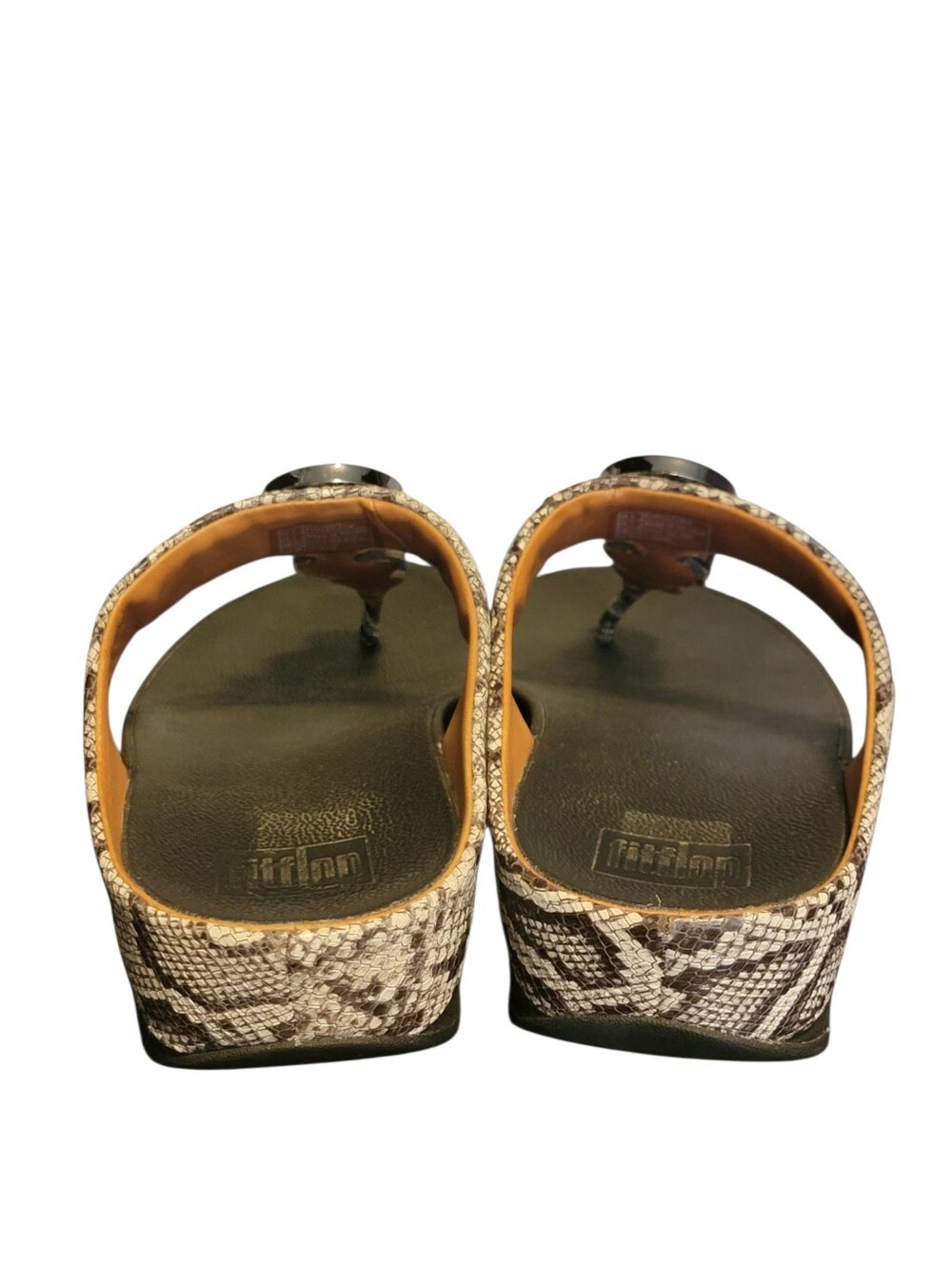 FITFLOP Womens Leather Halo Toe Post Wedges Thong Sandals Taupe Snake Skin 7 - Picture 4 of 7